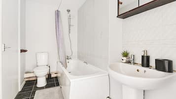 Hair dryer, bidet, towels, toilet paper