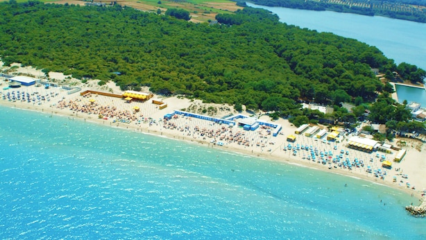 Luchtbeeld van een strand met talloze parasols en ligbedden, omgeven door een dichtgroene bos en een heldere blauwe zee.