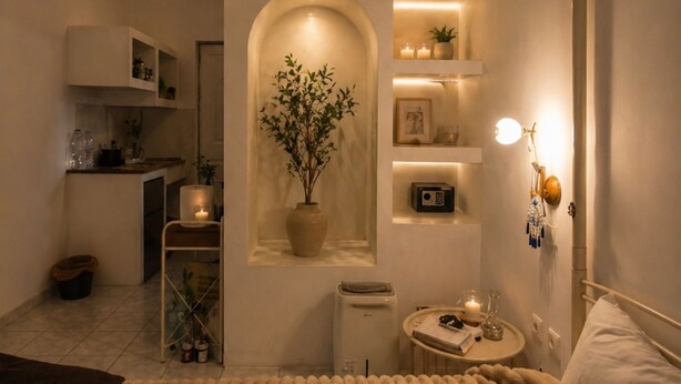 Een moderne slaapkamer met een bed, nachtkastje, lamp en een klein raam met een plantje.