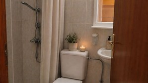 Een badkamer met douche, toilet, wastafel en een kleine plant in pot.