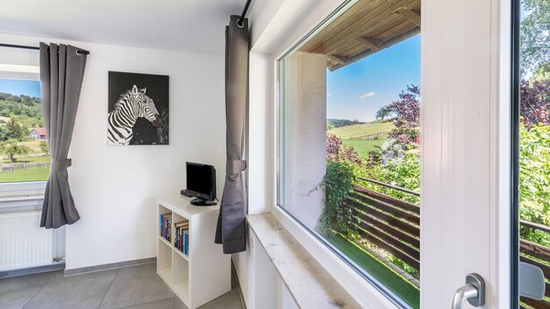 Un balcon donnant sur un paysage verdoyant, un mur blanc orné d’un tableau représentant un zèbre, une petite étagère blanche avec des livres, et un objet noir posé sur l’étagère.