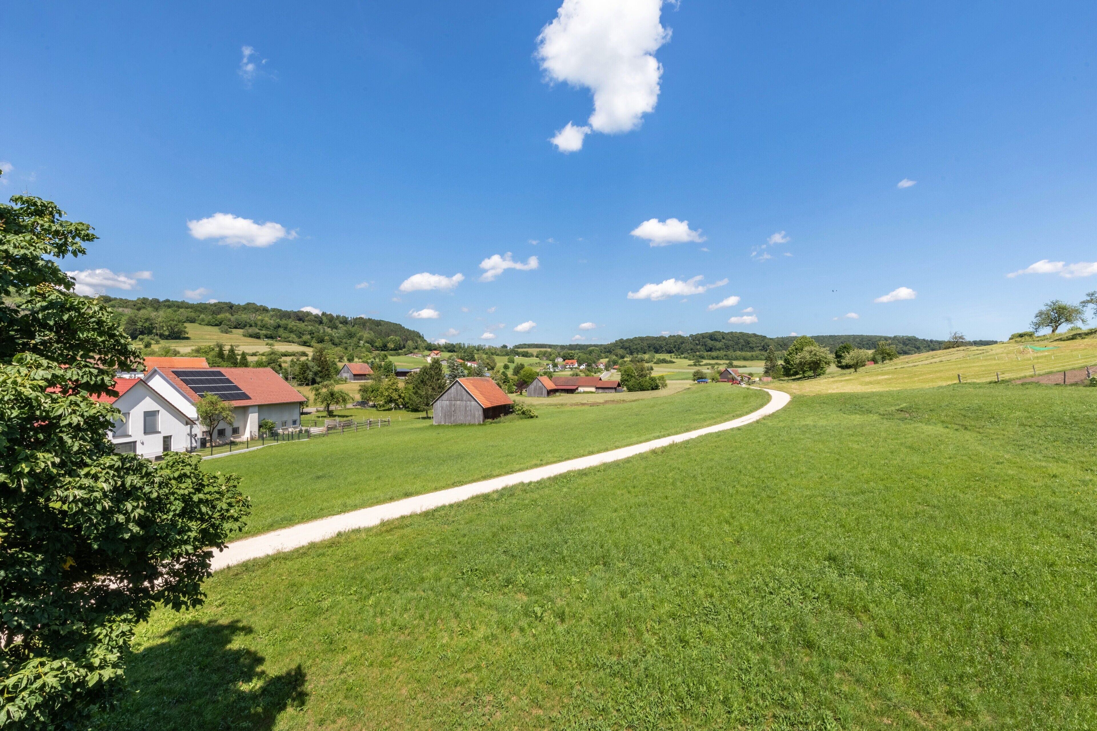 A rural landscape with a winding path, green fields, and scattered houses with red roofs.