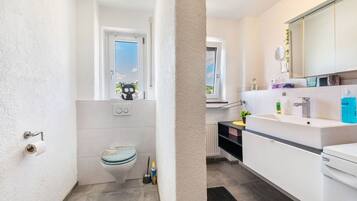 Dusche, kostenlose Toilettenartikel, Haartrockner, Handtücher