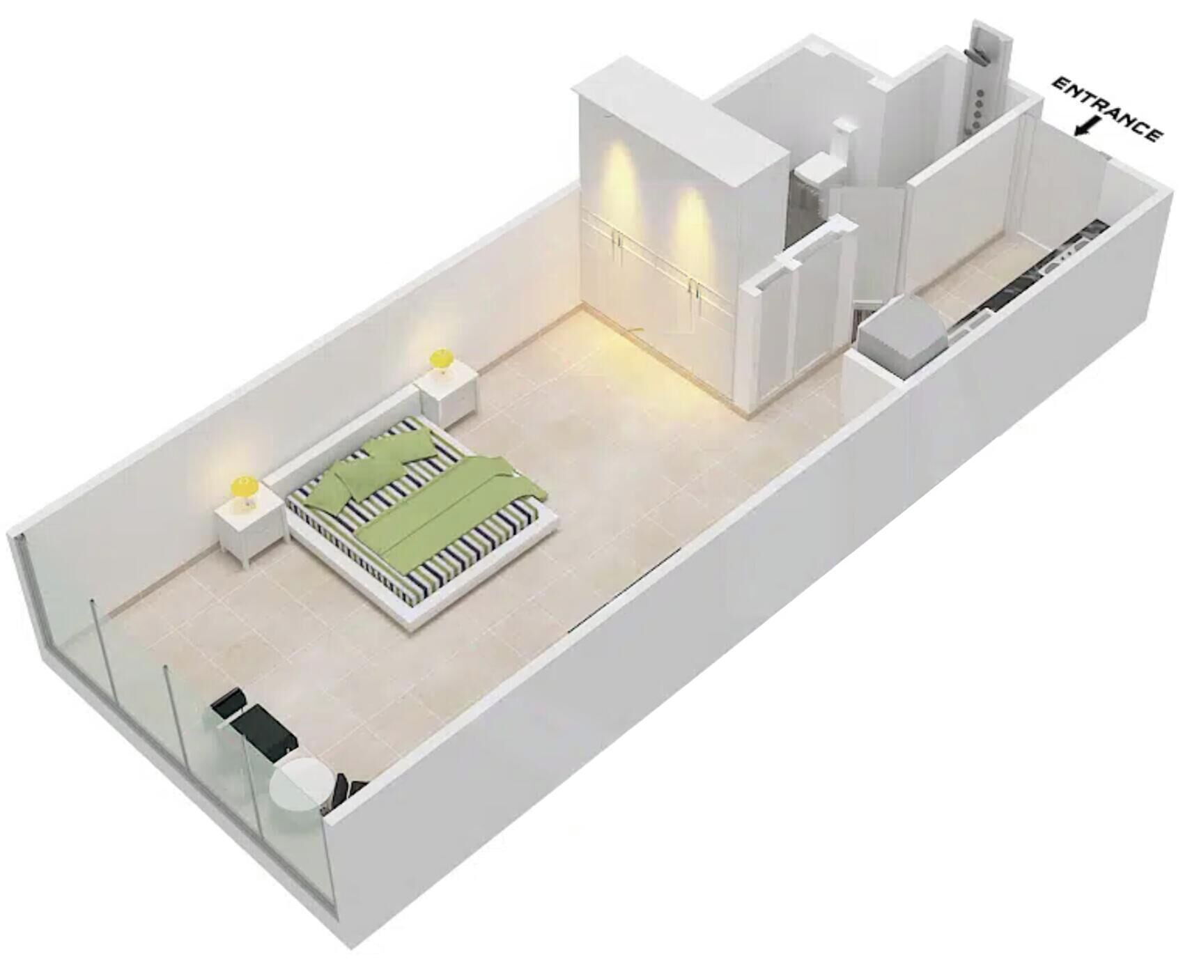 Distribución moderna de una habitación de hotel con cama, mesitas de noche, un pequeño rincón de estar y baño.