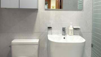 Hair dryer, towels, soap, toilet paper