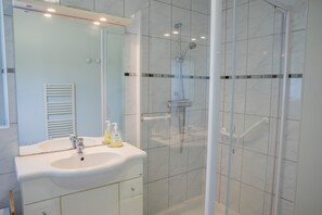 A bathroom with a sink, mirror, and shower. - Gîte at the Gates of Chambord (Crouy-sur-Cosson)