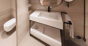 Shower, rainfall showerhead, free toiletries, hair dryer