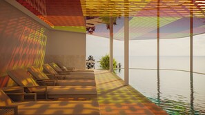 Indoor pool, outdoor pool, pool umbrellas, pool loungers