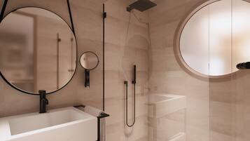 Shower, rainfall showerhead, free toiletries, hair dryer