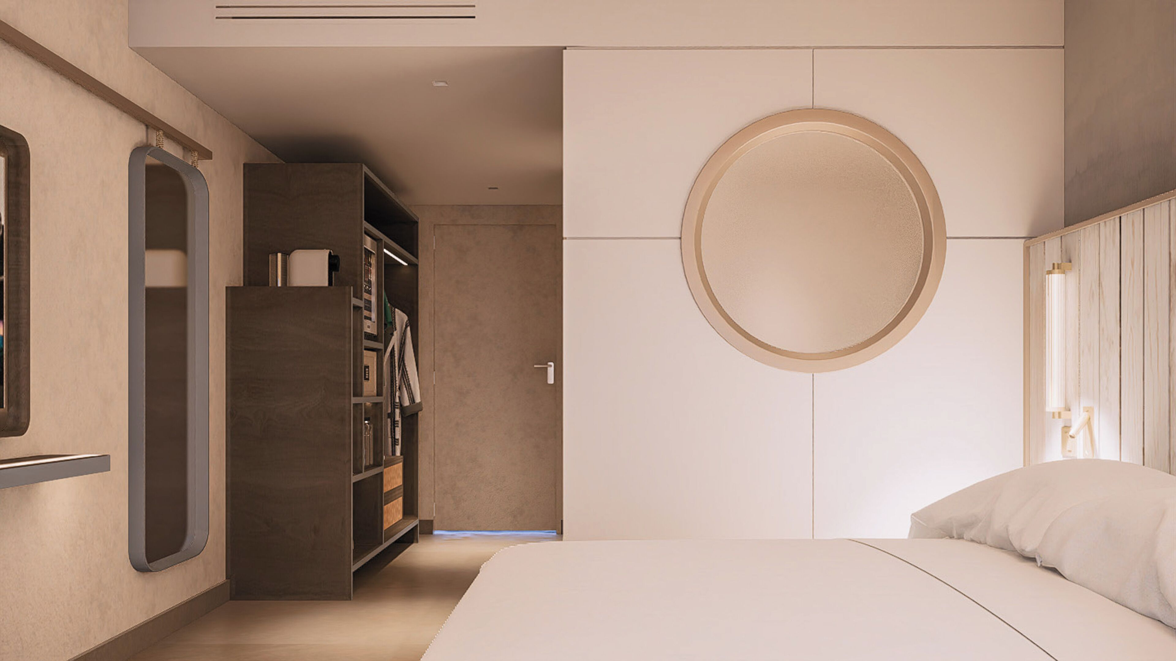 Una camera da letto moderna con un letto grande, un armadio a muro e uno specchio rotondo sulla parete.