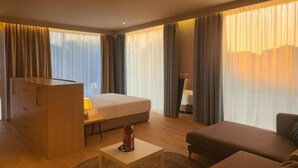 A modern hotel room with a bed, a sofa, a desk, and a minibar. - Vila Eva (Golem)