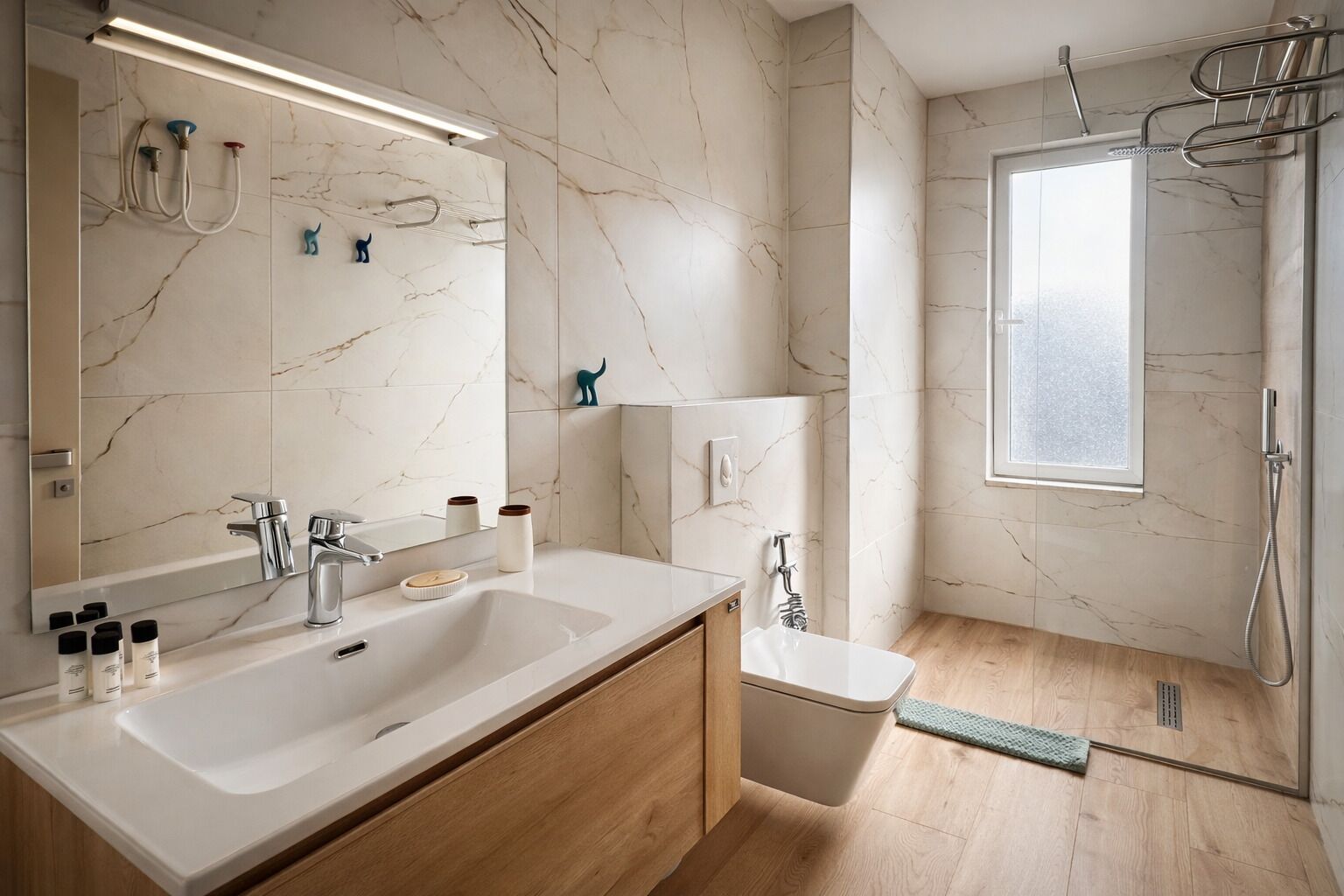 Un baño moderno con un lavabo grande, espejo, ducha y suelo de madera.