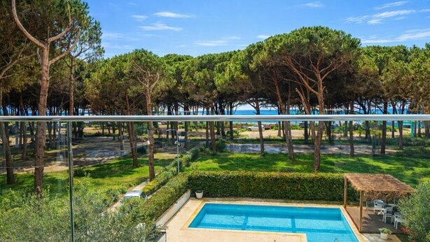 A swimming pool surrounded by trees and a clear sky. - Vila Eva (Golem)