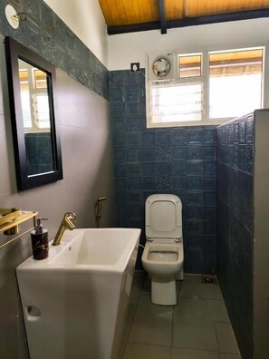 Une salle de bain avec une baignoire blanche, des toilettes et un miroir.