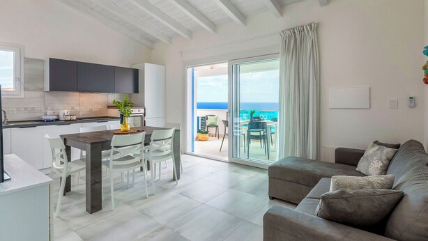 Ein modernes Wohnzimmer mit grauem Sofa, einem Essbereich mit Tisch und Stühlen, einer Küche mit dunklen Schränken und einem Balkon mit Meerblick.