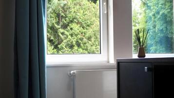 A room with a window, a radiator, and a small cabinet with a decorative item on top.