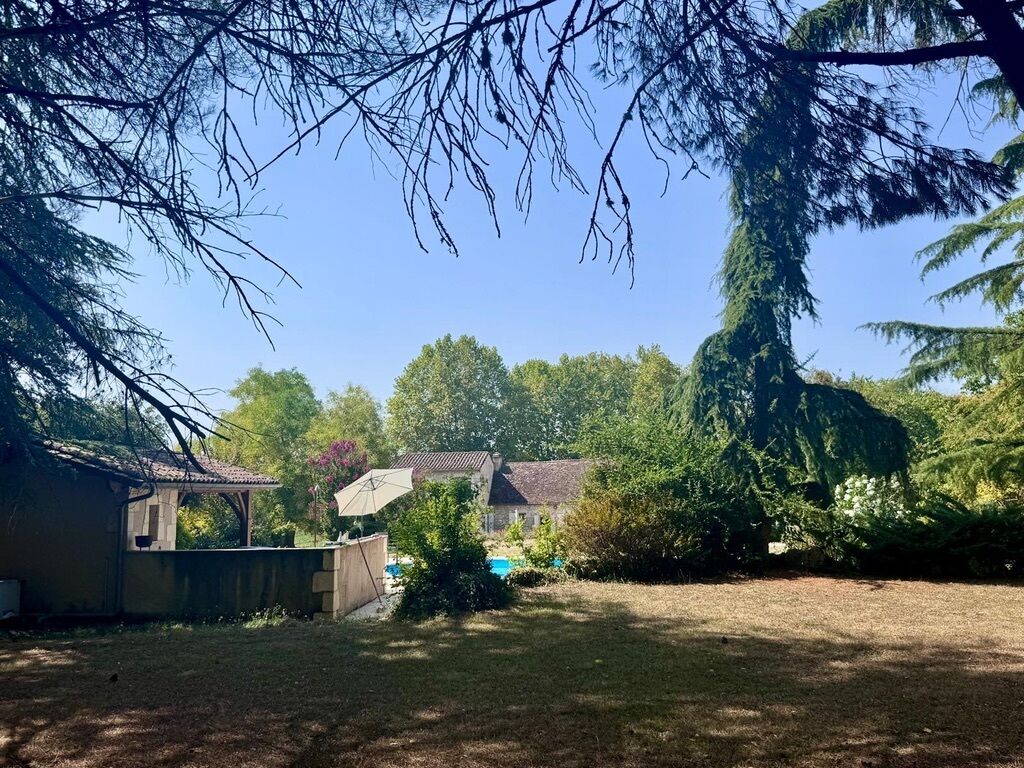 A backyard with a pool, a house, and trees.