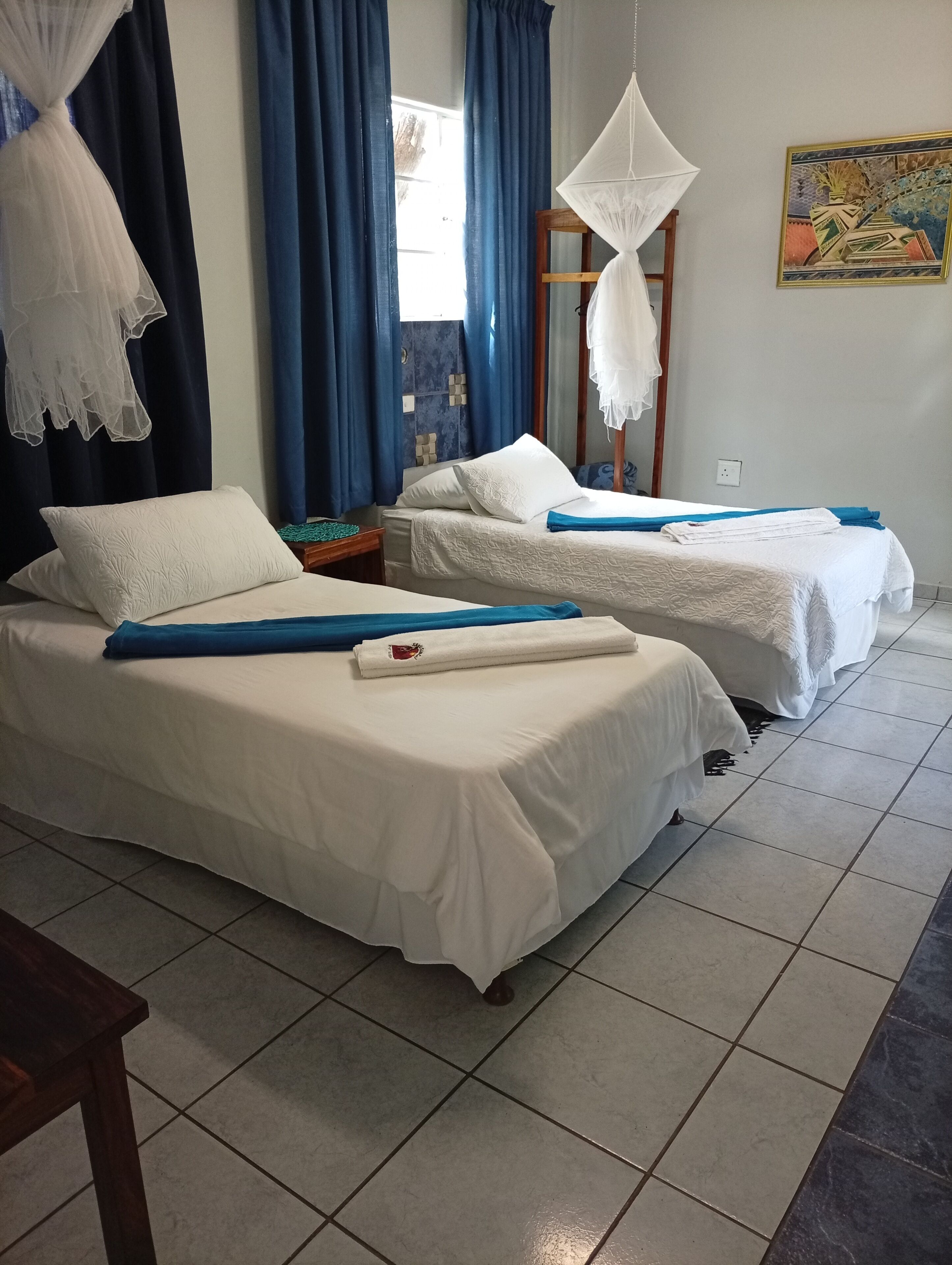 A hotel room with two beds, a window with blue curtains, a hanging white canopy, and a painting on the wall.