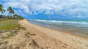 A beach with a sandy shore, palm trees, and ocean waves under a partly cloudy sky. - Cais Eco #304 - Apartment With Pool by Carpediem (Ipojuca)