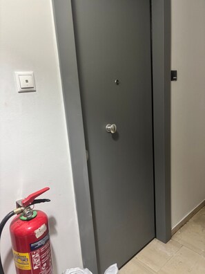 A grey door with a silver handle, a white wall with a light switch, and a red fire extinguisher on the floor. - Spacious 2-bedroom Apartment in Paleo Faliro, Athens (Palaio Faliro)