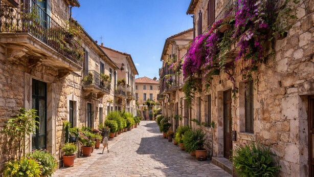 A narrow cobblestone street lined with stone buildings, each with balconies and potted plants. - Charming accommodation with pool in Viddalba (Viddalba)