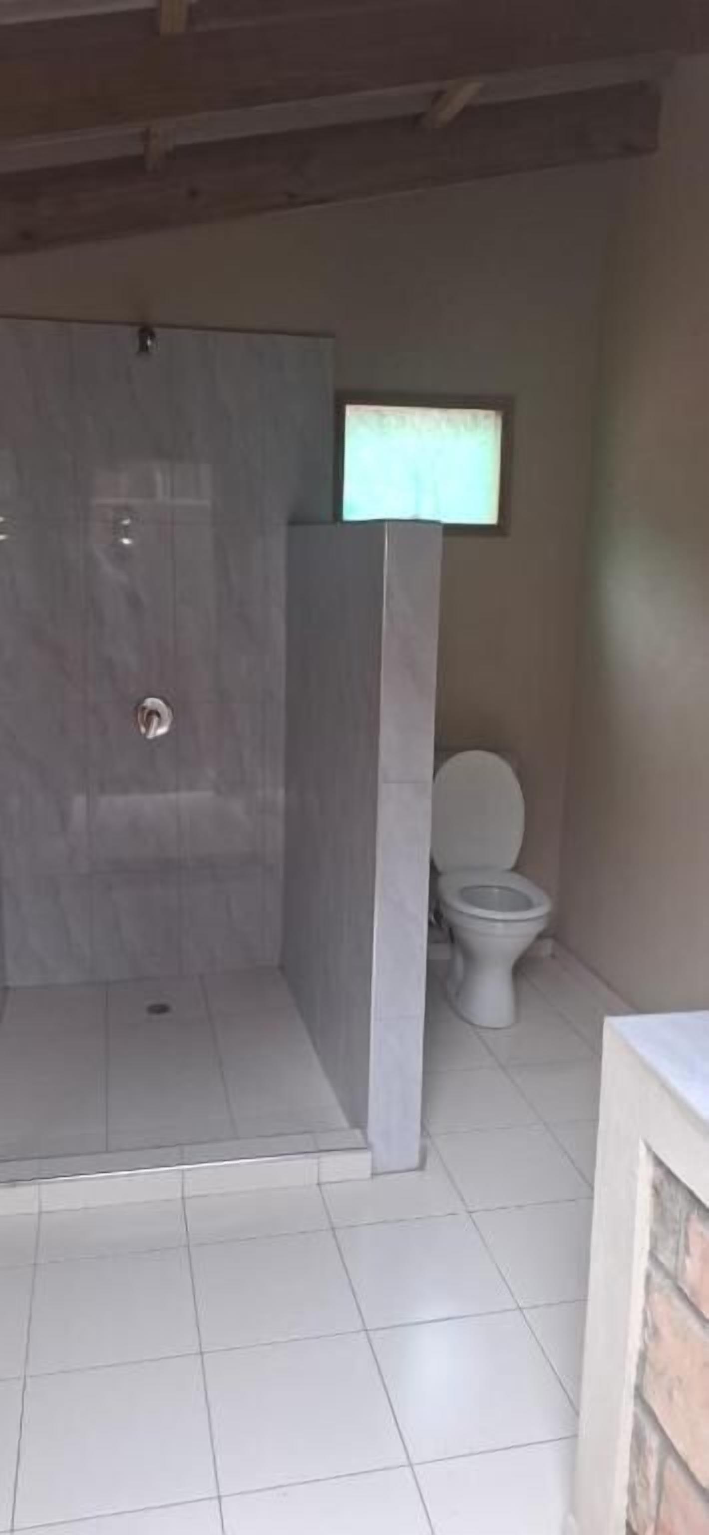 A bathroom with a shower area, toilet, and a sink.