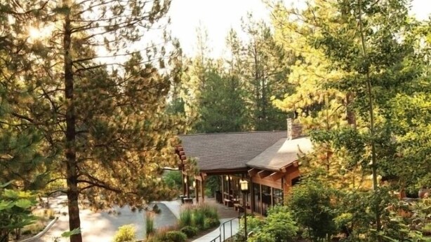 A lodge with a stone bridge over a stream, surrounded by dense forest.