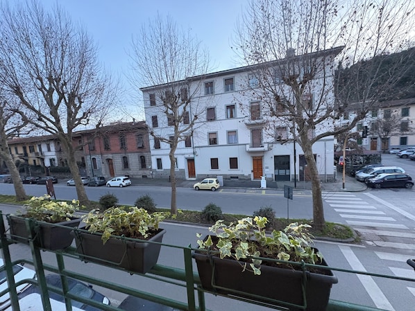 A street view with buildings, parked cars, and potted plants along the sidewalk. - Cozy apartment in Oltrarno (Firenze)