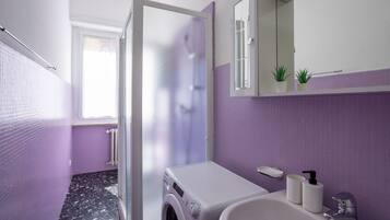 Une salle de bain équipée d’un lave-linge, d’un lavabo et d’un miroir.