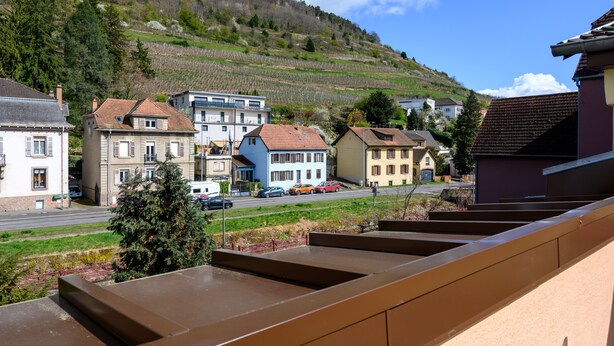 Un quartier résidentiel avec des maisons, une route et une colline.