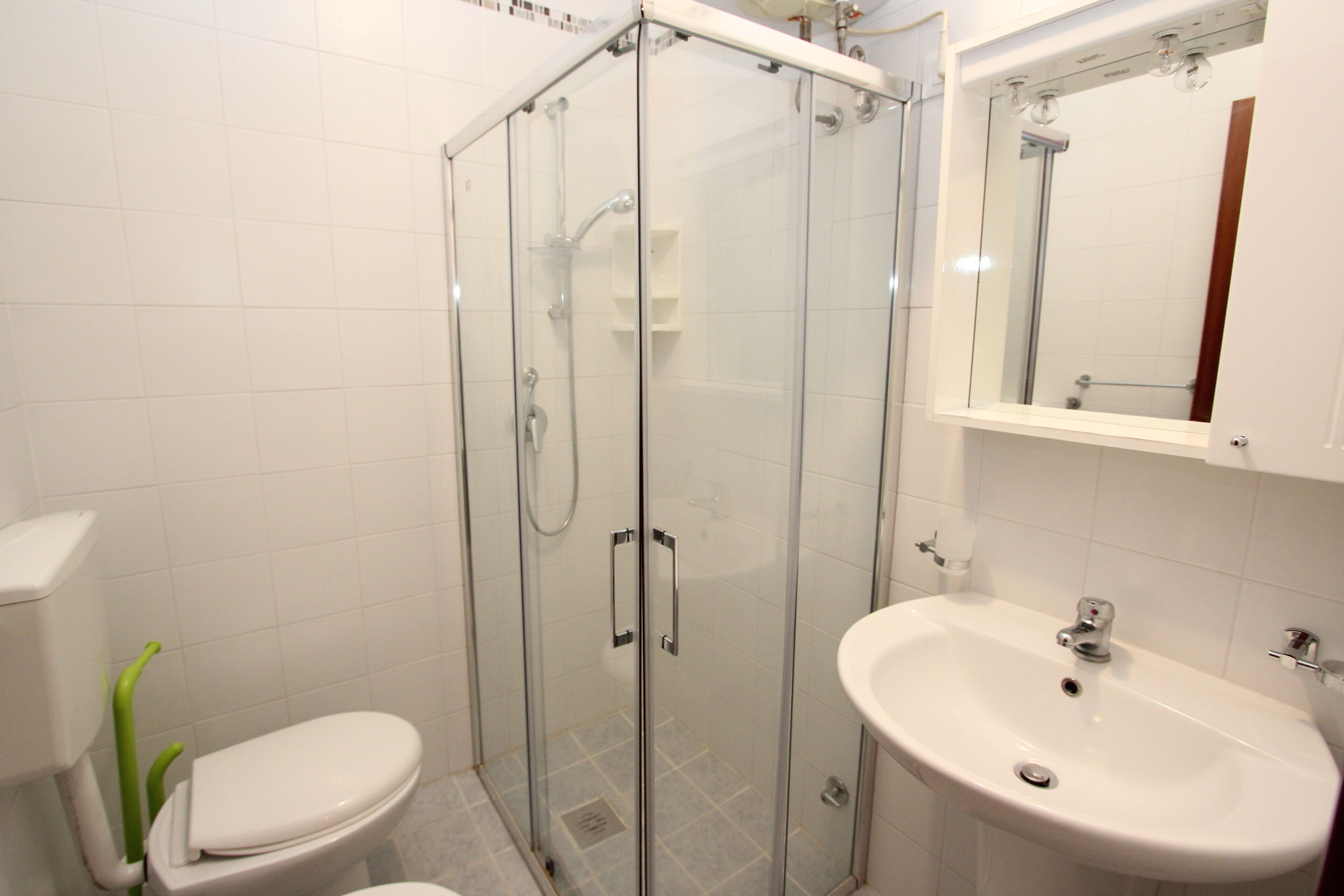 A bathroom with a glass-enclosed shower, a white toilet, and a sink with a mirror above it.