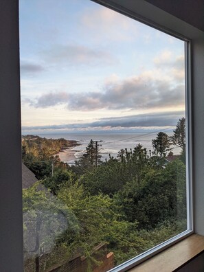 Vista costera desde una ventana con vistas a una playa y zona boscosa.