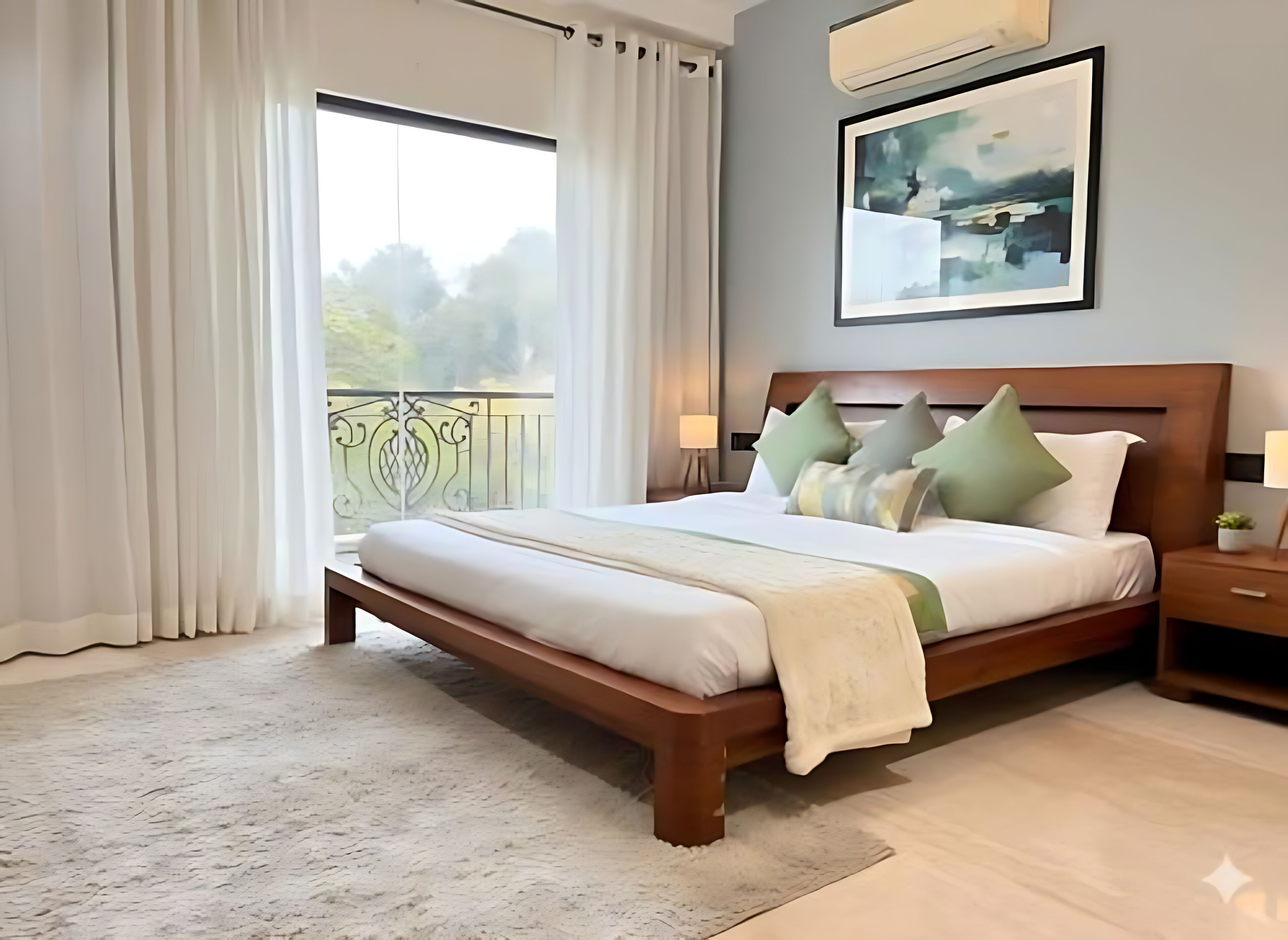 Leilighet, balkong, hageutsikt