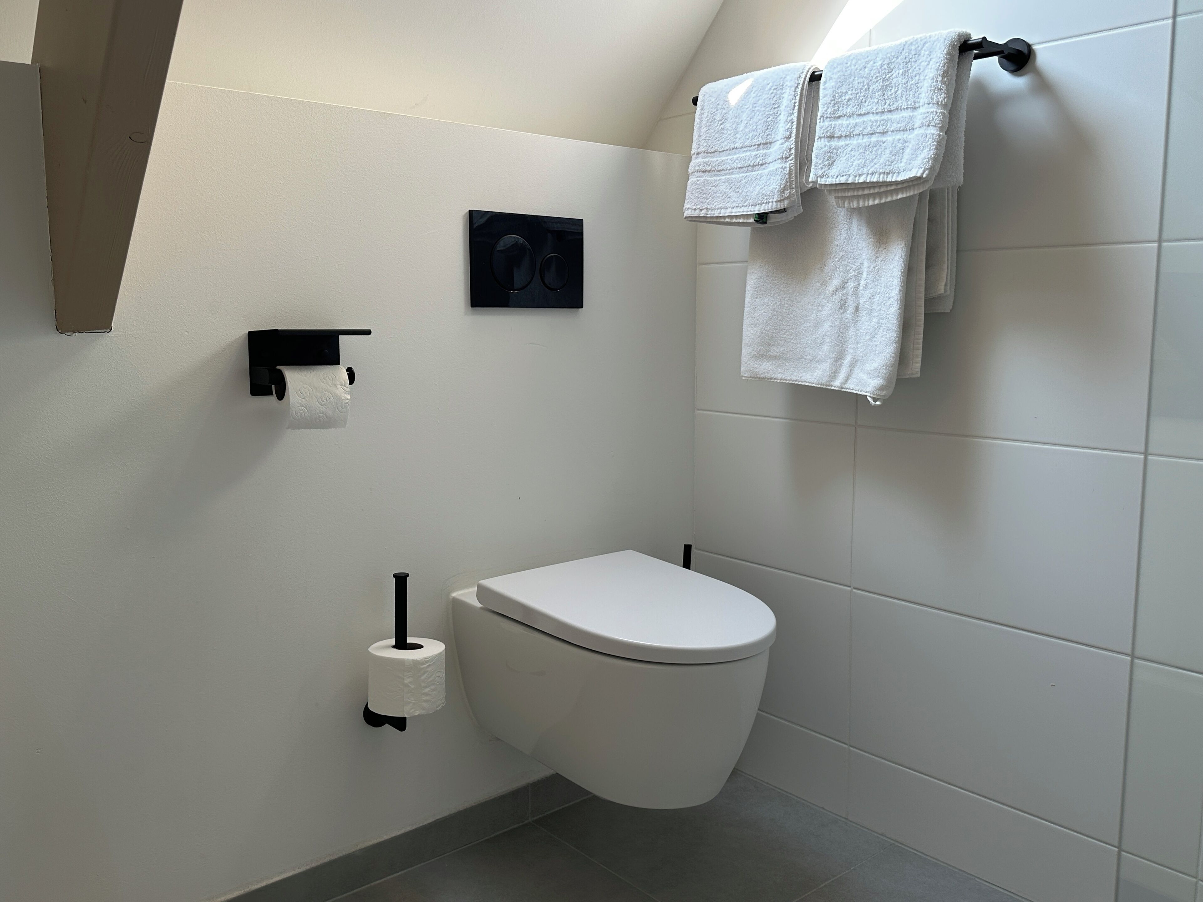 A small, modern bathroom with a toilet, a towel rack with two towels, a toilet paper holder, and a black object on the wall.