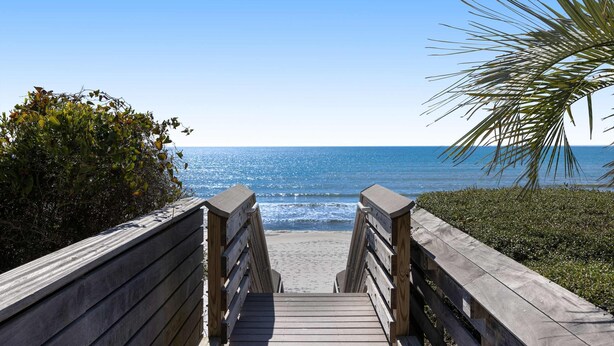 Une promenade en bois qui mène à une plage bordée de palmiers, sous un ciel bleu et dégagé.
