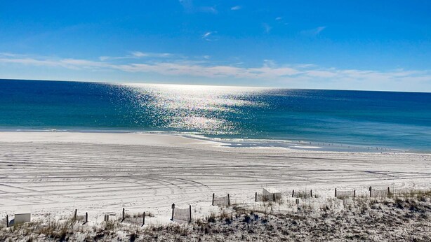 Ein Strand mit blauem Himmel und ruhiger See.