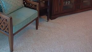 Ein Wohnzimmer mit einer Couch, einer Lampe, einem Fernseher und einem Schrank.