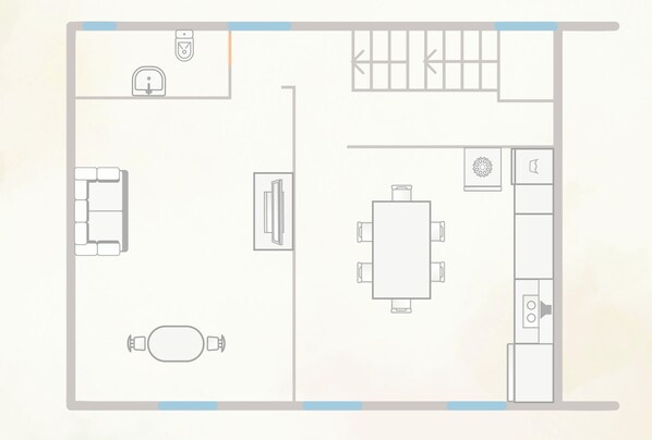 Plan de l’étage du premier niveau de La Finestra Sul Molo, indiquant l’emplacement de la salle à manger, de la cuisine et d’un petit coin salon.