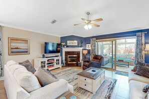 TV, fireplace, offices - Sunny Home with Private Patio, Outdoor Pool, Grill, Shared Beach Access, Fast WiFi (Miramar Beach)
