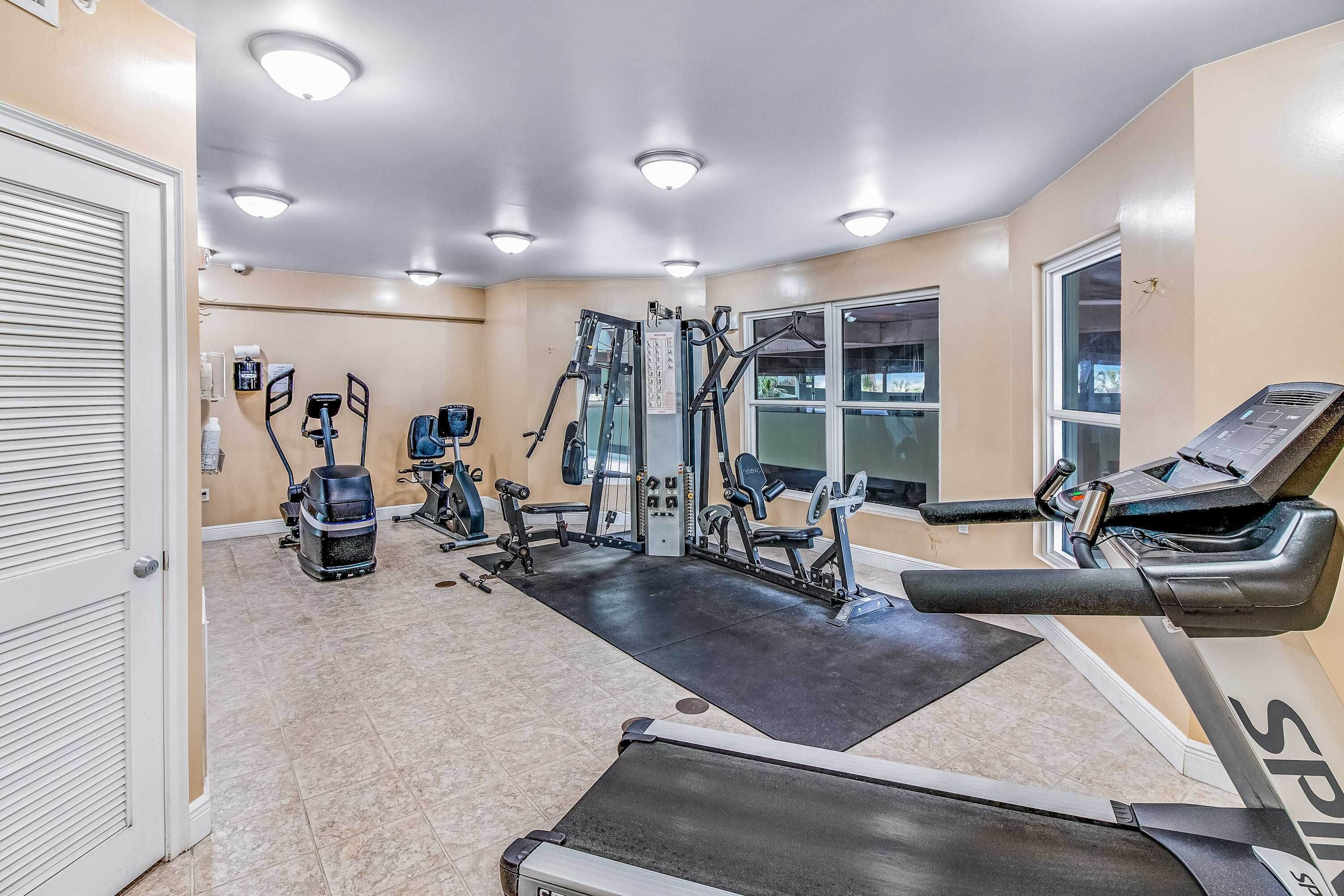 Un gimnasio con equipo cardiovascular, máquinas de pesas y una cinta de correr.