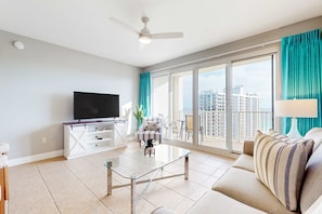 TV - Ocean-view condo with pool, scenic balcony, open layout, W&D, & central AC (Miramar Beach)