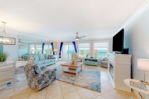 TV, offices - Fourth-floor Gulf-front condo with pool, gym, & amazing views (Fort Walton Beach)