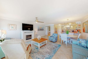 TV, offices - Fourth-floor Gulf-front condo with pool, gym, & amazing views (Fort Walton Beach)