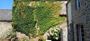 Ein Steinhaus mit einer grün bewachsenen Efeu-Fassade und rosafarbenen Blumen im Vordergrund.