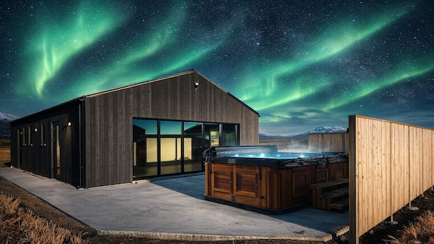 A modern wooden cabin with a hot tub, large windows, and a view of the Northern Lights. - Green Geysir Cottage (Bláskógabyggð)
