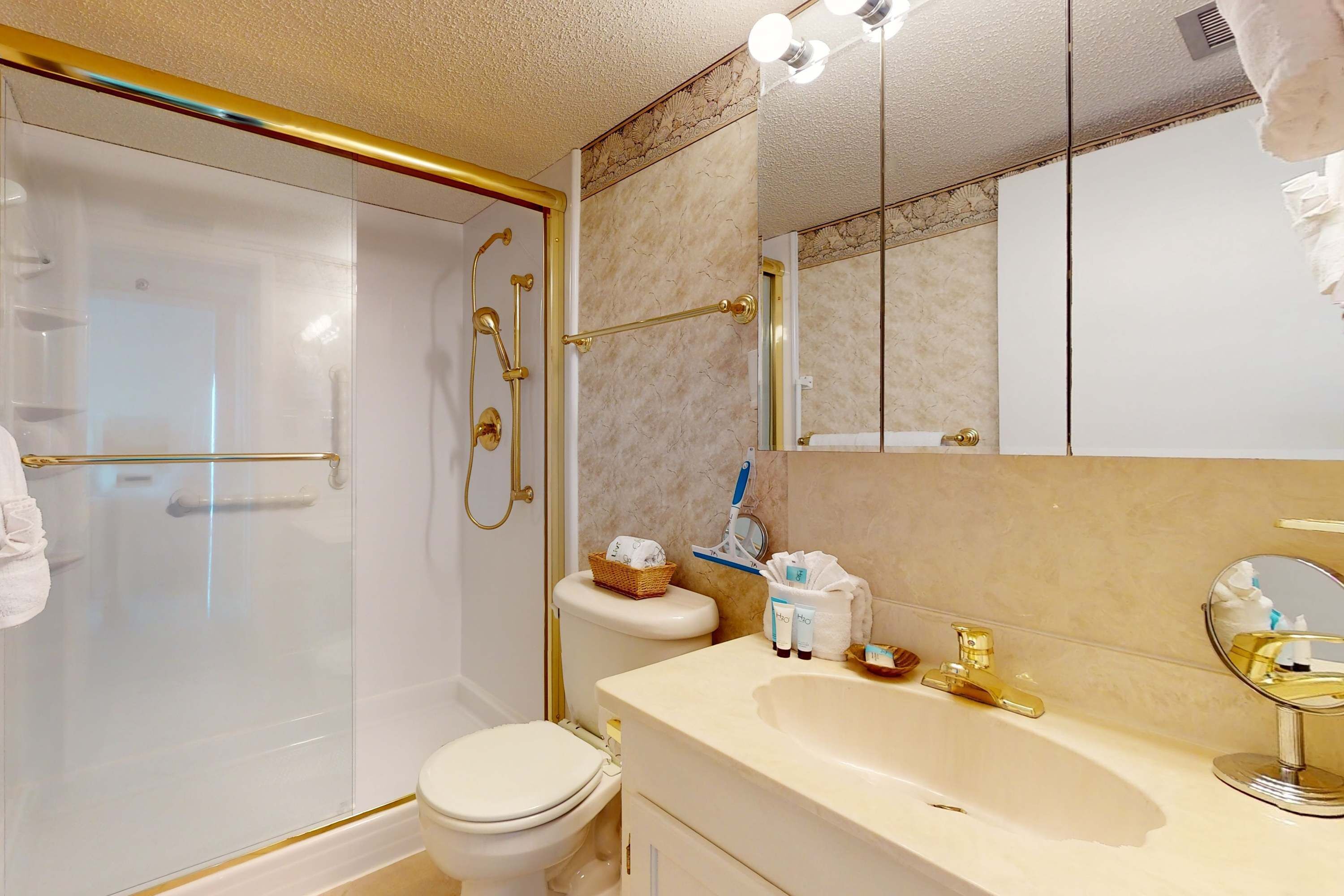 Une salle de bain avec une douche à parois de verre, des toilettes blanches, un lavabo beige avec un robinet doré et un miroir avec des lumières au-dessus.