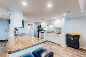 Fridge, microwave, oven, stovetop - Beachfront resort condo with outdoor pool, Gulf views, balcony, W/D, & AC (Fort Walton Beach)