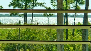 Vista attraverso persiane di un paesaggio naturale con alberi e uno specchio d'acqua.