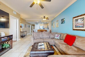 TV, offices - 4th-Floor Azure Condo with Free WiFi, Beach Service, Gulf View, Shared Pool,Hot Tub (Fort Walton Beach)