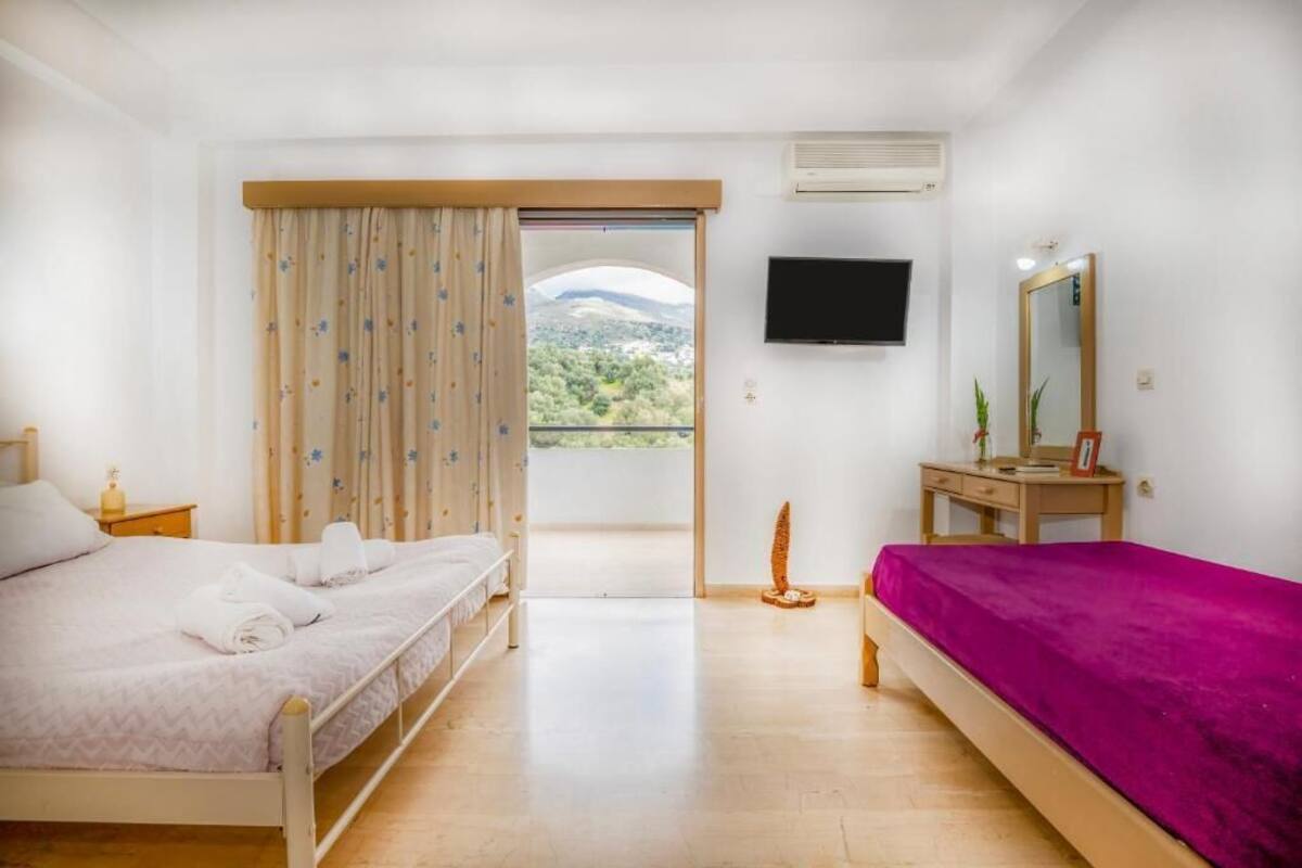 Un dormitorio con dos camas, televisión, espejo, escritorio y vista a un paisaje montañoso.